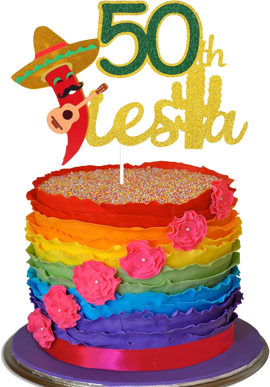 Fiesta 50th Birthday Cake Topper - Taco Bout 50 Birthday Party Glitter Chili Cake Supplies - Fabulous Fifty - Mexican Summer Fiesta Party Decoration