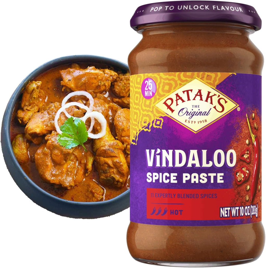 Patak's Vindaloo Spice Paste, Hot Indian Curry with 11 Expertly Blended Spices, Gluten-Free & Vegan, Flavorful Base for Chicken, Seafood, Vegetables & More, 10 oz Jar