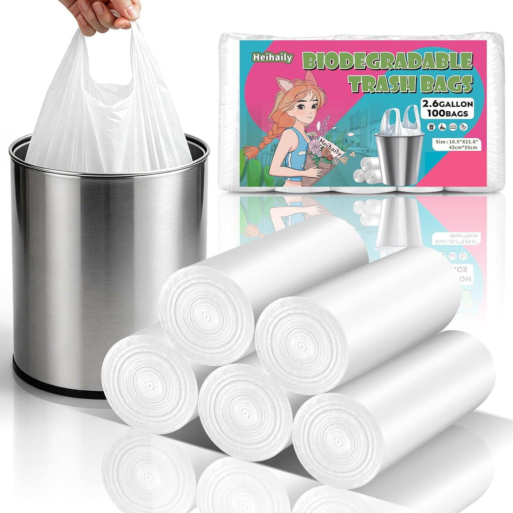 2.6 Gallon Small Trash Bags with Handles, White Bathroom Mini Garbage Bags, Unscented 10 Liter Wastebasket Liners for Kitchen Office Car, Heavy Duty, 100 Count