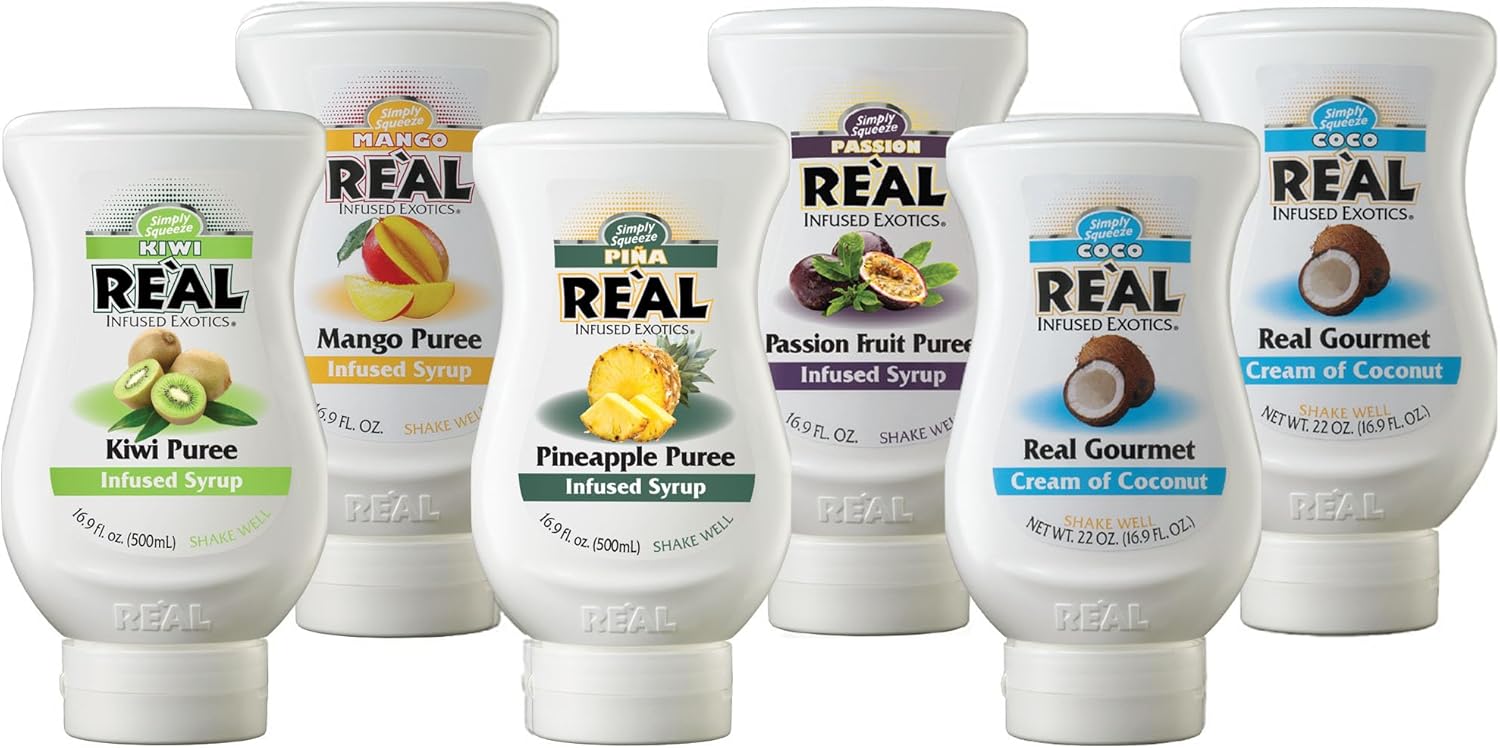 Reàl Infused Exotics Tropical Fruit Flavoring Syrup Variety - 2x Coco, Mango, Passion Fruit, Piña, Kiwi (Pack of 6, 16.9 FL OZ Bottles)