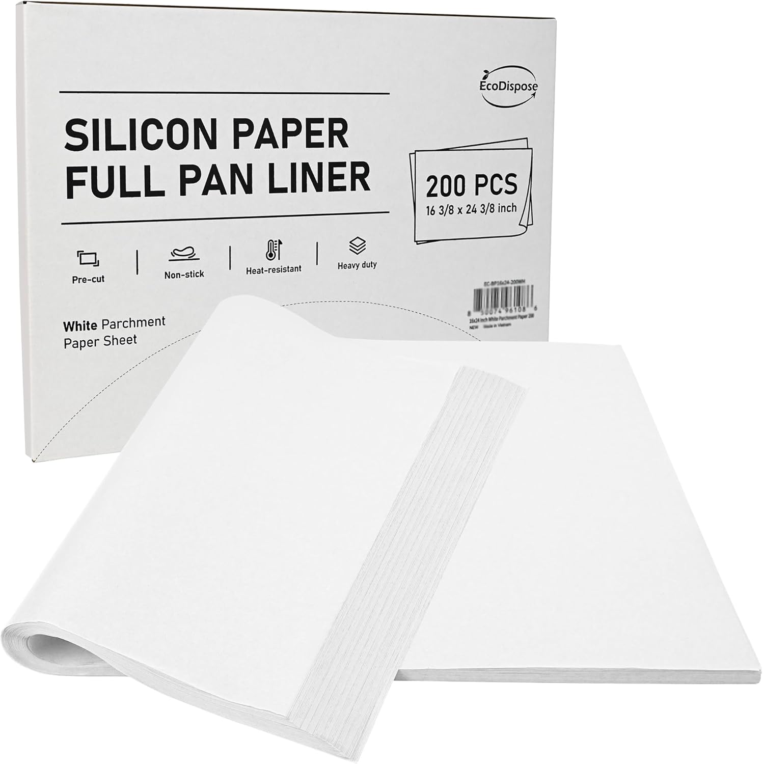 EcoDispose Non-Stick Precut Parchment Paper Baking Sheets Full Pan liner for Bake (16-3/8" x 24-3/8",White,200PCS)