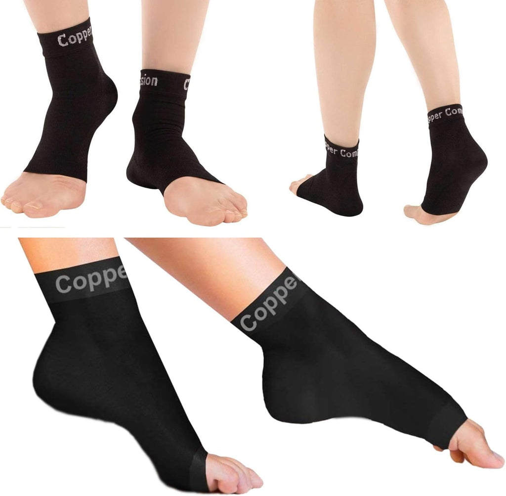 Copper Compression Foot Sleeves - Plantar Fasciitis, Achilles, Ankle Support Brace Socks - Day / Night Relief from Heel Spurs, Arch Pain, Swelling, Soccer Injuries, Golf, Running - 1 Pair Black - L
