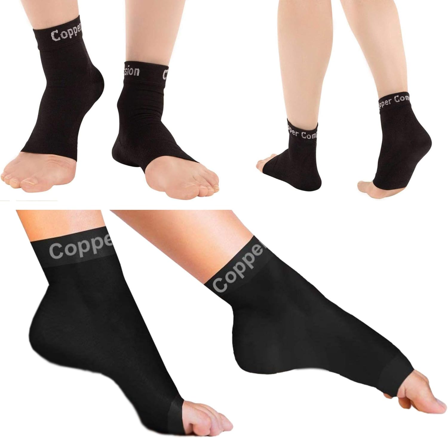 Copper Compression Foot Sleeves - Plantar Fasciitis, Achilles, Ankle Support Brace Socks - Day / Night Relief from Heel Spurs, Arch Pain, Swelling, Soccer Injuries, Golf, Running - 1 Pair Black - L