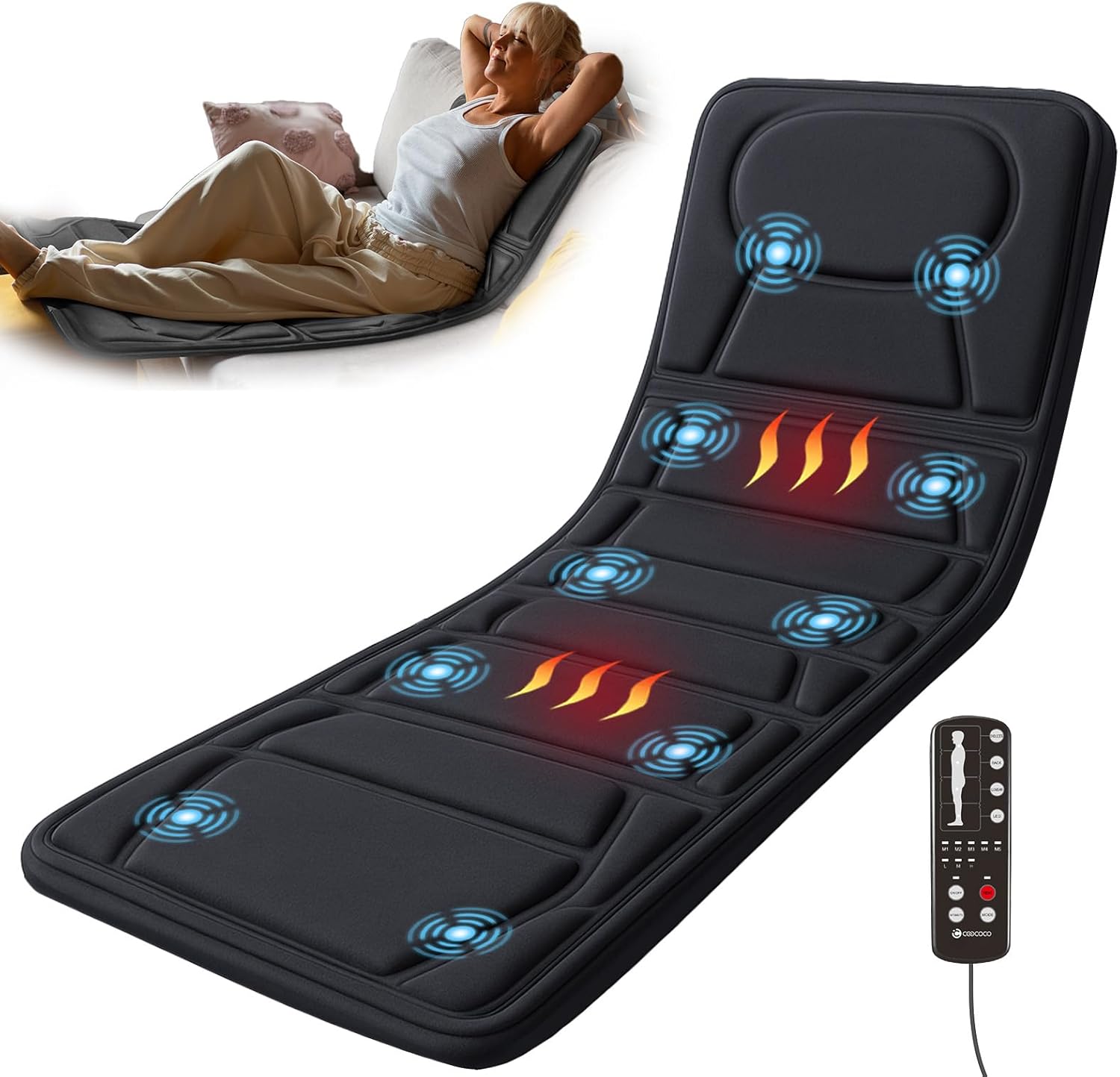 CooCoCo Full Body Massage Mat with Heat, 10 Motors Vibrating Back Massager, Full Body Heating Pad for Bed, Sofa, Back Massager for Pain Relief Deep Tissue, Gifts for Mom Dad Men Women Husband Wife