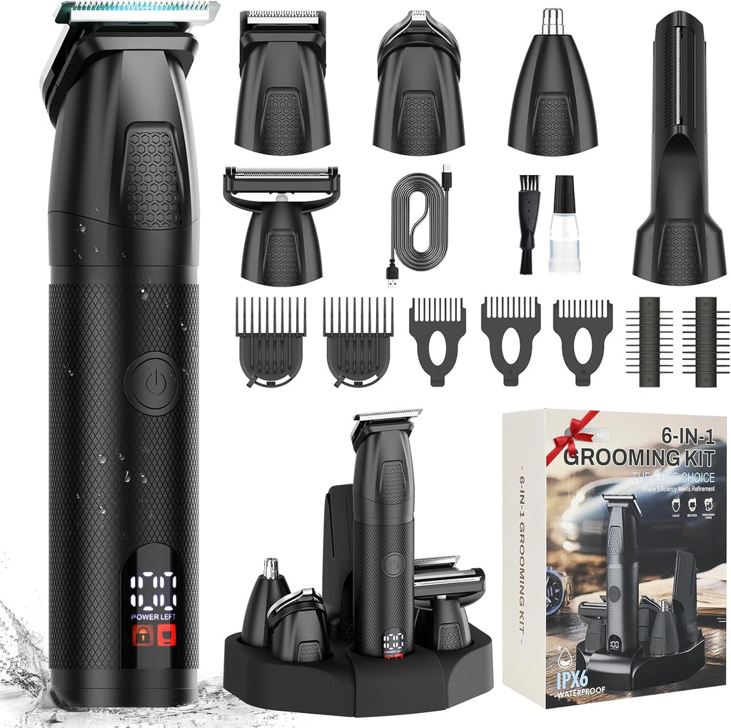 Bomxin Beard Trimmer for Men 6 in 1 Cordless Waterproof Electric Hair Clippers Mustache Body Face Trimmer All in One Grooming Kit with LED Display USB Rechargeable