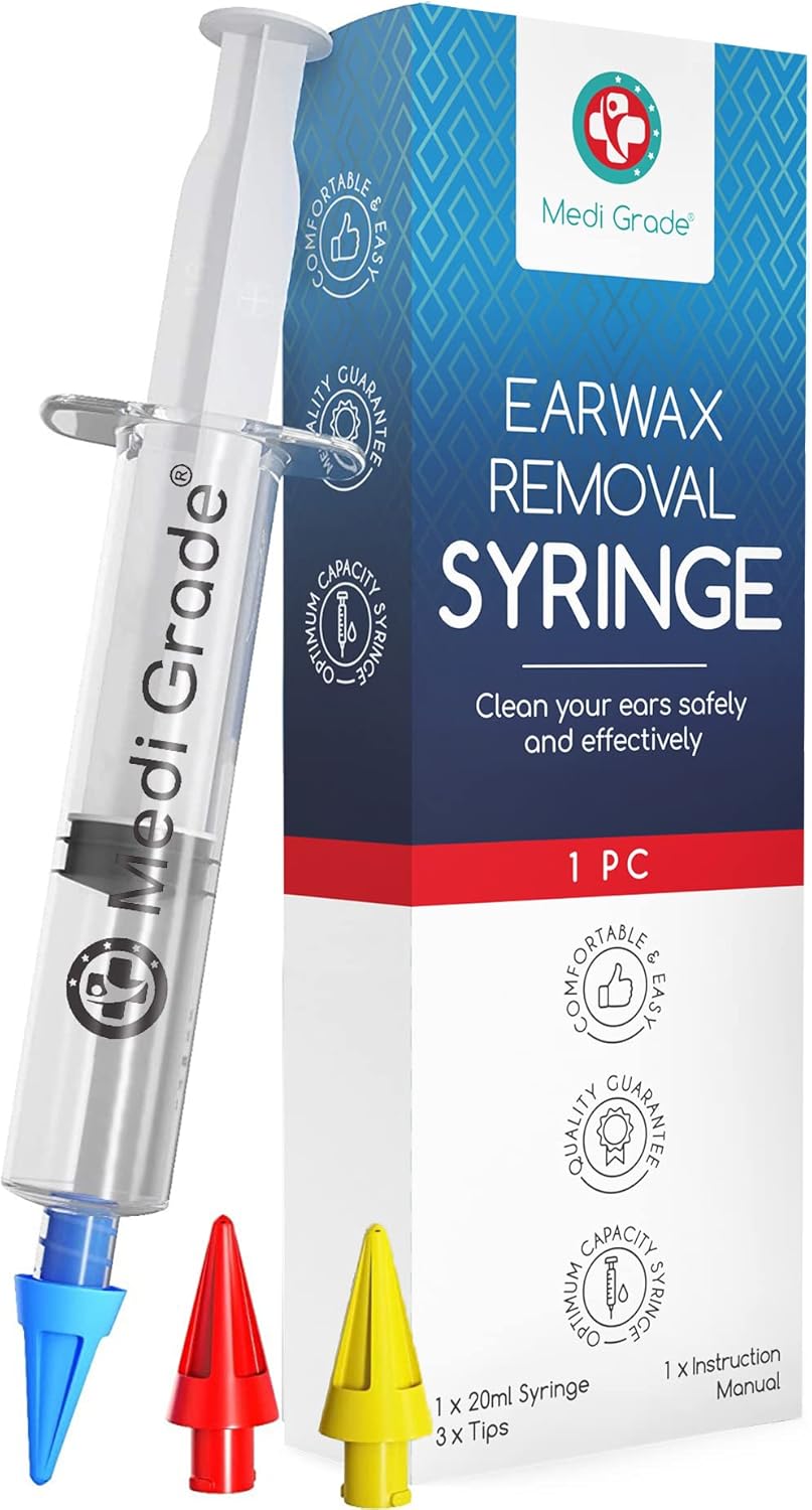 Medi Grade Ear Syringe Ear Wax Removal with 3 Quad-stream Tips - Water Irrigation Ear Cleaner Ear Wax Remover for Improved Hearing Clarity and Aural Hygiene - Ear Syringe Kit Earwax Remover Tool