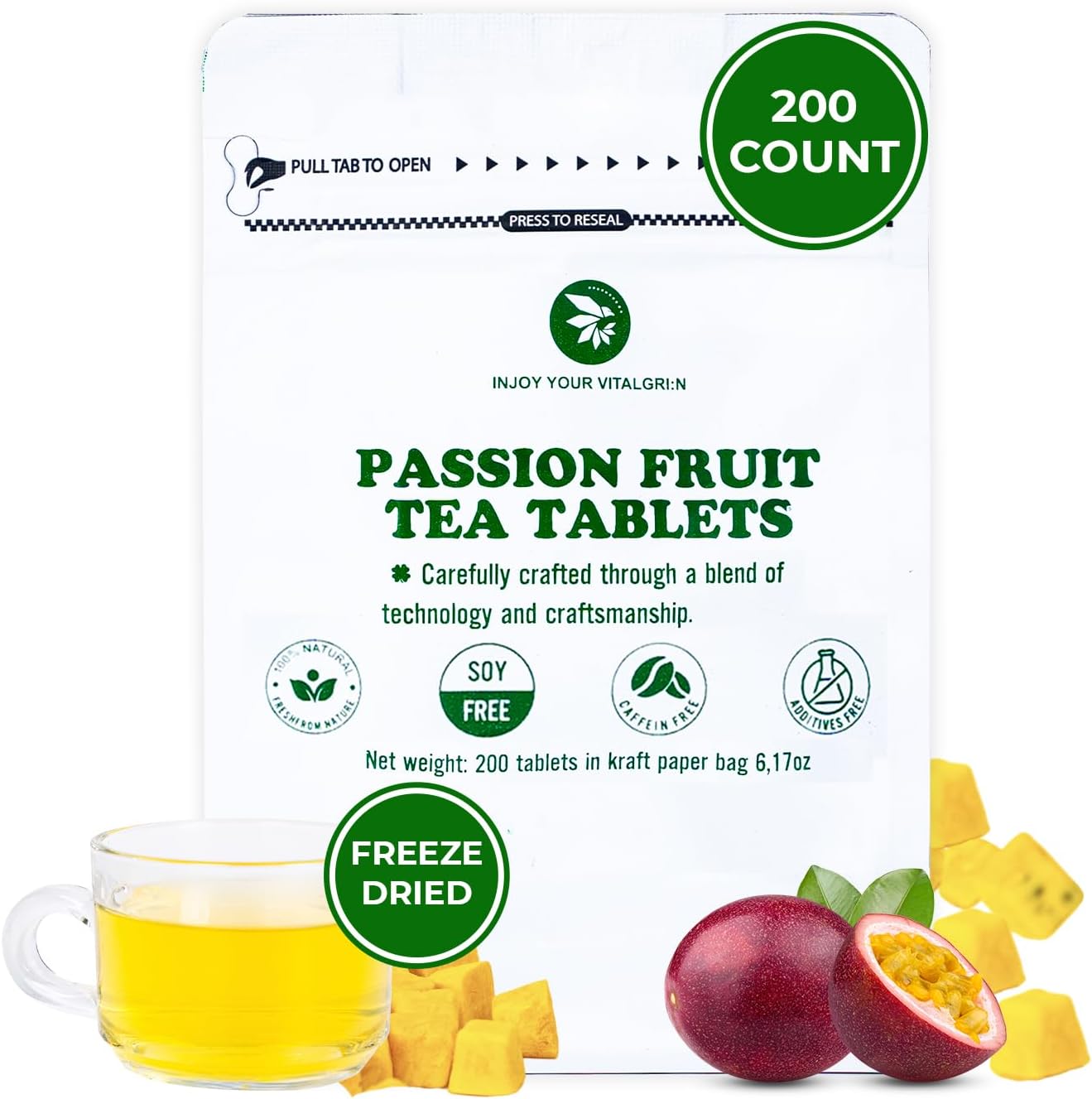 Freeze-dried Passion Fruit Cubes for Tea & Snack, 200 Count, 6.17 Oz, Vitamin & Fiber Support, Vacuum Sealed with Zipper Bag, Sweet & Sour, No Sugar Added, No Caffeine