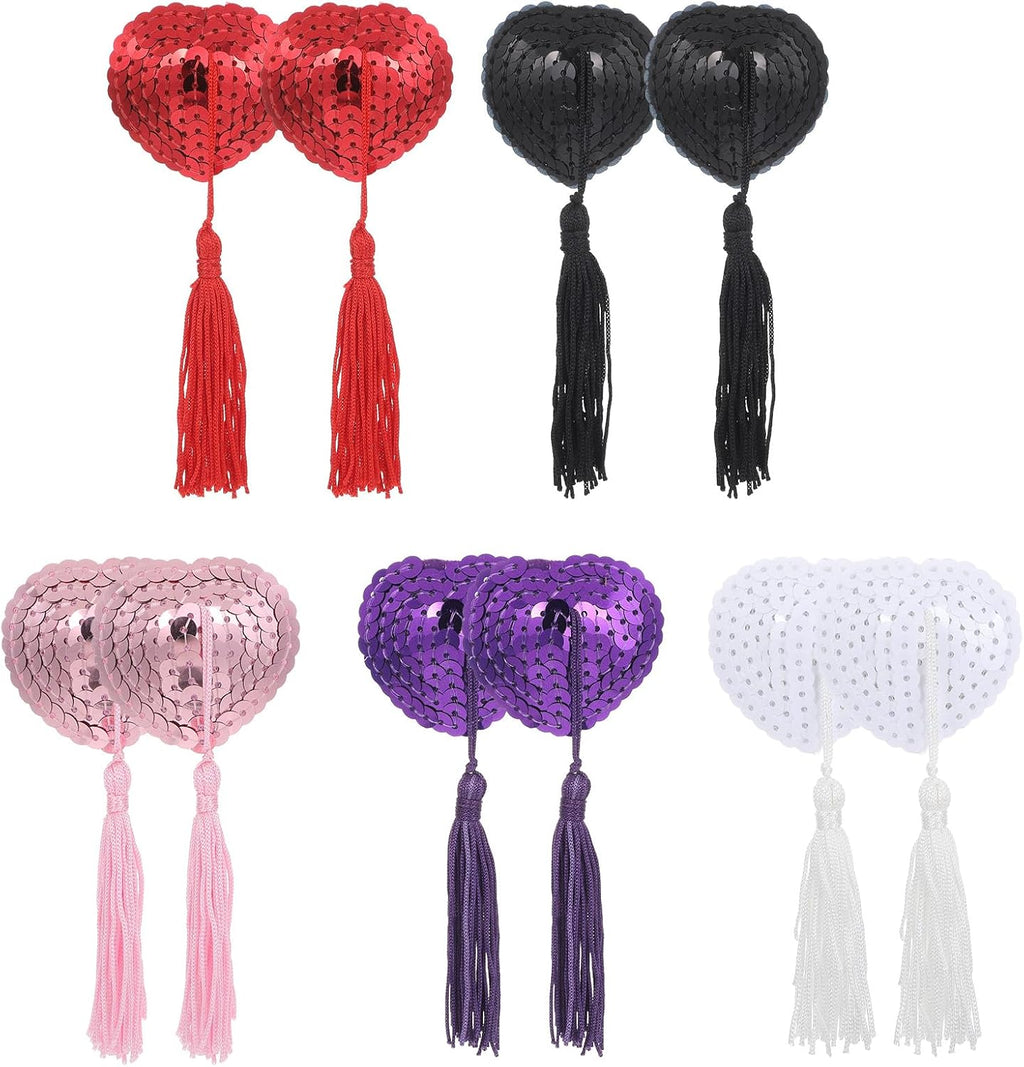 7 Pairs Women Reusable Breast Pasties Heart-Shaped Breast Bra with Sequins Tassel Adhesive Nipple Cover Stickers