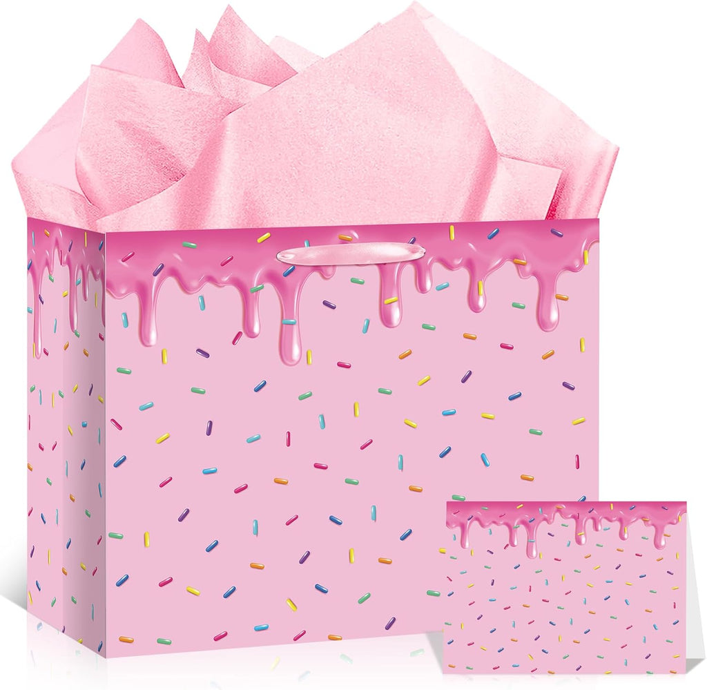 Yomaiha Ice Cream Gift Bag with Tissue Paper and Greeting Card, Ice Cream Party Favors Bag Donut Sprinkle Wrapping Paper Bag Party Favors Bag for Summer Dessert Birthday Baby Shower Party Supplies