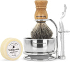 Badger Hair Shaving Brush With Wood Handle, Goat Milk Shaving Soap, Dual-ring Base Stainless Steel Shaving Stand Holder and 3 Layers Shaving Bowl for Men's Wet Shaving (Wood With Badger Hair)