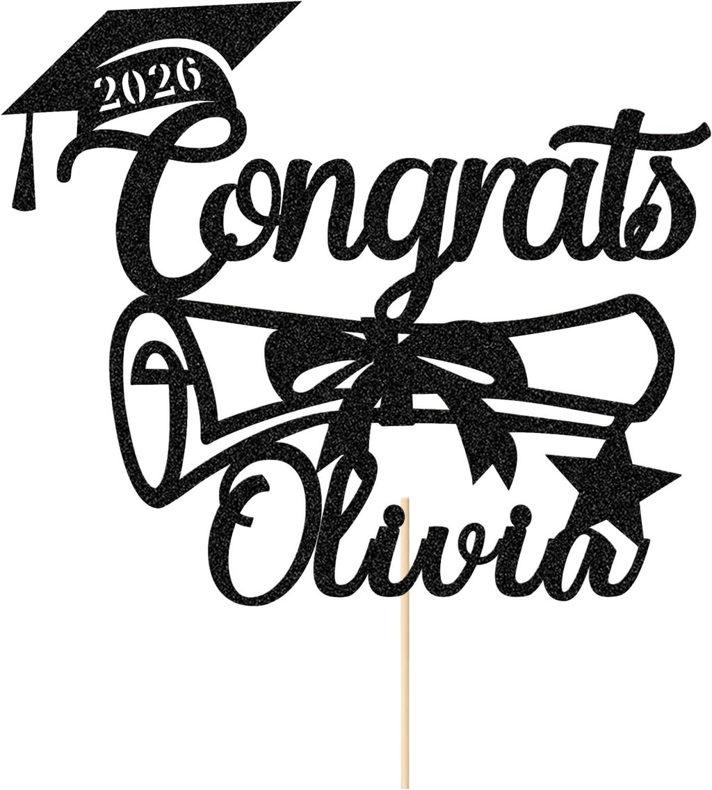 Personalized Graduation Cake Topper Class of 2026 Custom Congrats Graduation Cake Toppers Double Sided Glitter Congratulations Cake Decorations for College High School (Black)