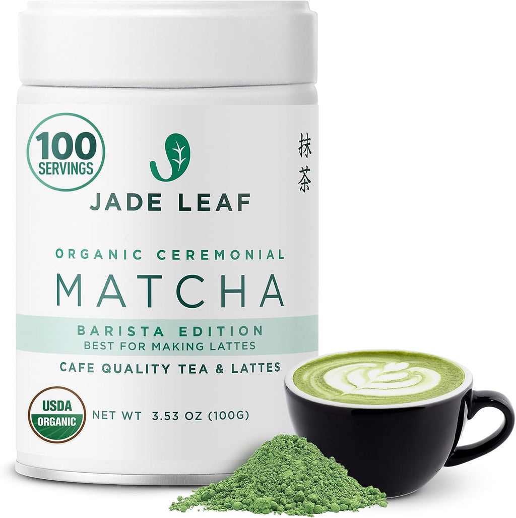 Jade Leaf Matcha Organic Ceremonial Grade Matcha Green Tea Powder - Barista Blend - 100% Pure Japanese First Harvest Green Tea for Lattes from Uji and Kagoshima, 100g / 3.53 Ounce (Pack of 1)
