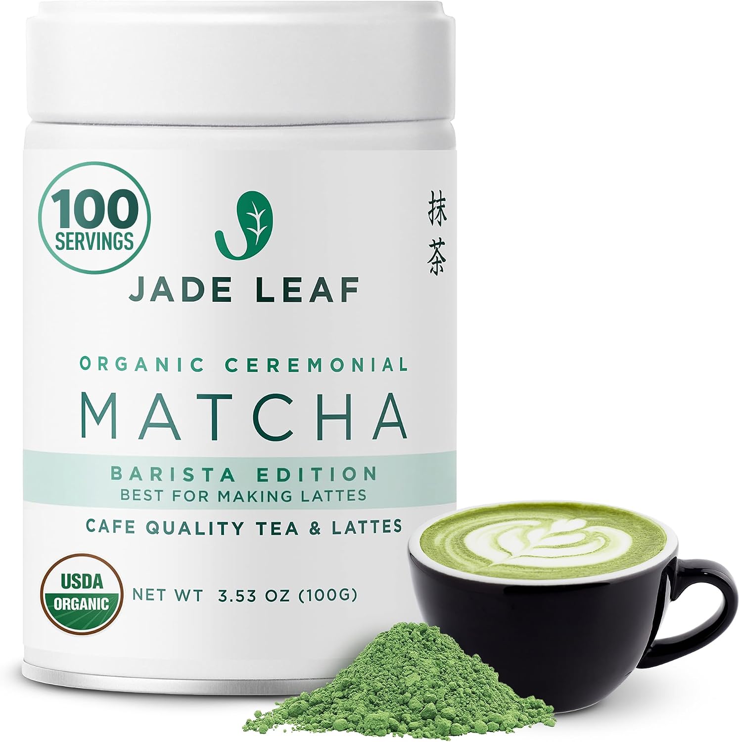 Jade Leaf Matcha Organic Ceremonial Grade Matcha Green Tea Powder - Barista Blend - 100% Pure Japanese First Harvest Green Tea for Lattes from Uji and Kagoshima, 100g / 3.53 Ounce (Pack of 1)
