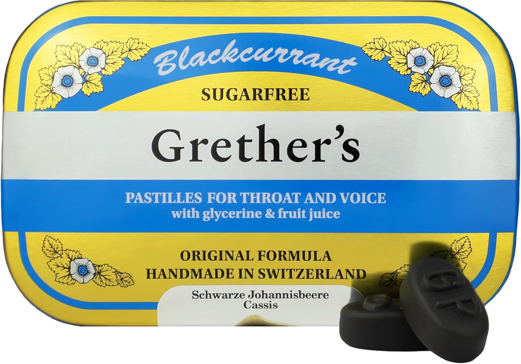 GRETHER'S Sugarfree Blackcurrant Pastilles – Premium Swiss Throat Lozenges for Dry Mouth & Sore Throat Comfort – Gift for Singers, Intense Fruit Flavor, Gluten & Lactose Free – 15 oz