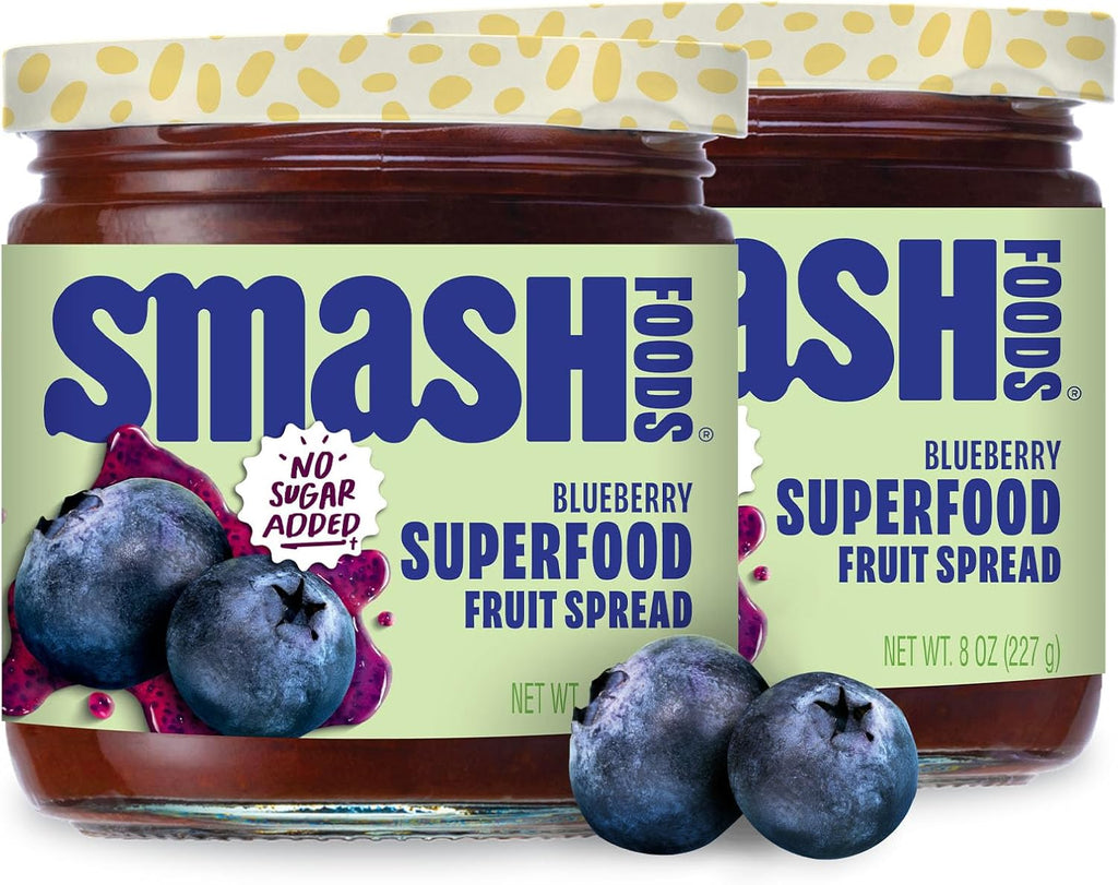 Smash Foods Blueberry Jam | Low-Calorie, No Sugar Added Keto Jam with Upcycled Fruit & Chia Seeds | Vegan, Paleo Superfood Fruit Spread (2 Jars)