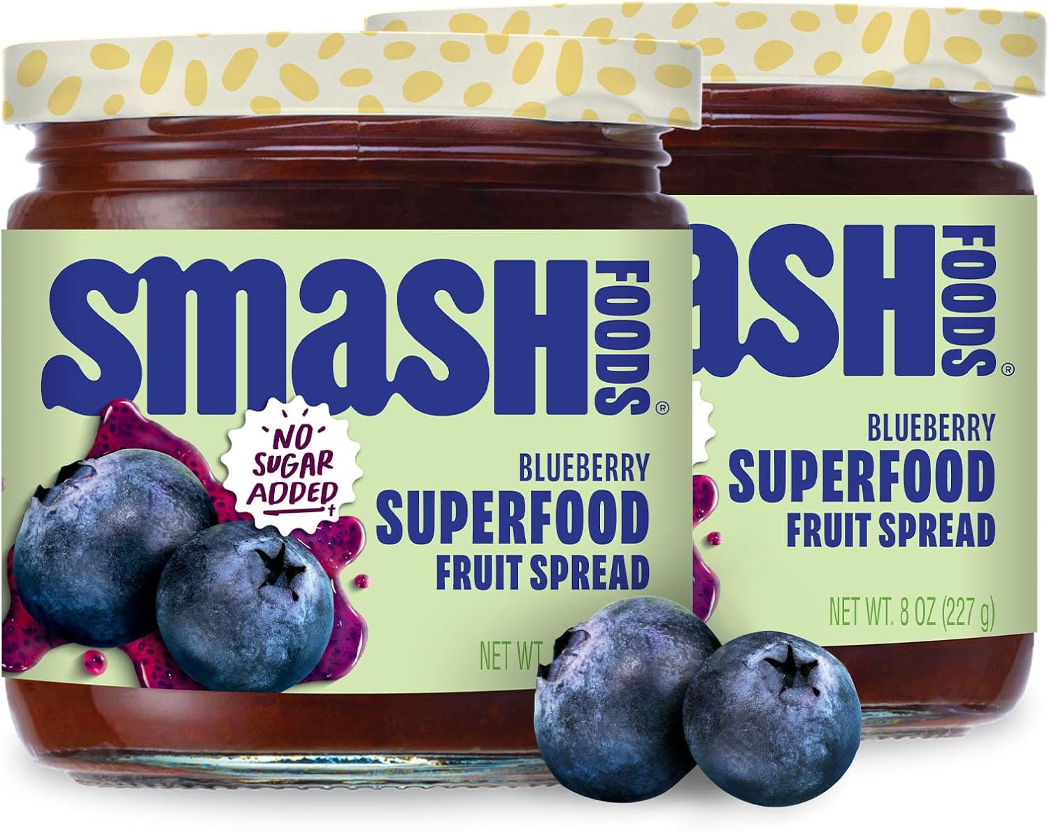 Smash Foods Blueberry Jam | Low-Calorie, No Sugar Added Keto Jam with Upcycled Fruit & Chia Seeds | Vegan, Paleo Superfood Fruit Spread (2 Jars)
