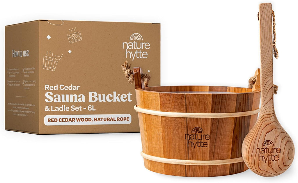 Red Cedar Sauna Bucket and Ladle Set 6L (1.6 Gallon) - Natural Rope Handle - Premium Red Cedar Wood - Natural Aroma - Elegant Gift-Ready Packaging