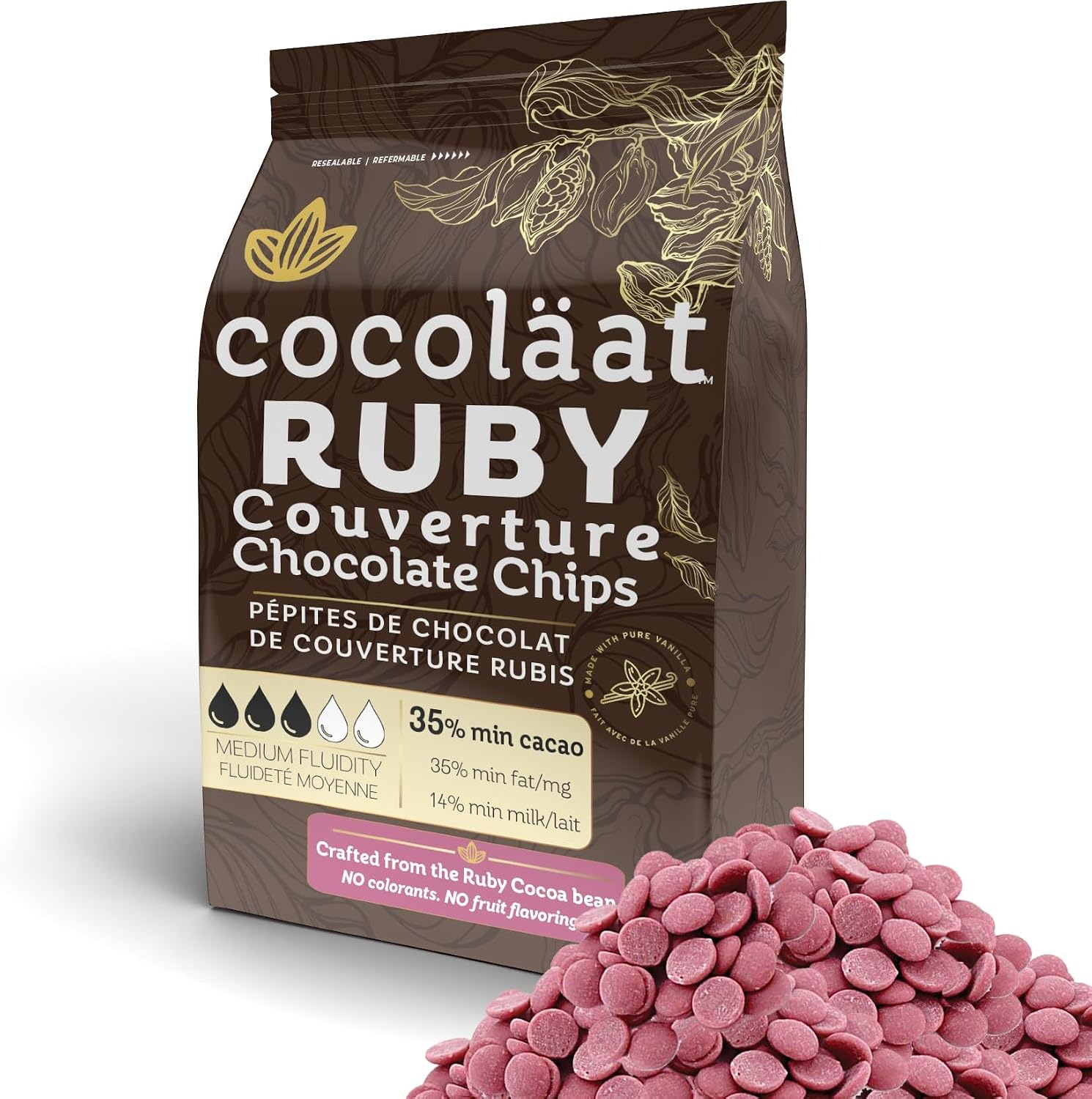 Cocoläat Ruby Couverture Chocolate Chips | Culinary Grade for Bakers, Pastry Chefs, & Chocolatiers | 35% Cocoa - 35% Fat | Gold Foil Resealable Pouch Perfect Holiday Gift | 12 oz