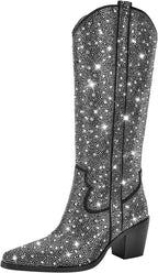 Richealnana Women's Rhinestones Slip On Block Chunky Heel Crystals Mid Calf Boots