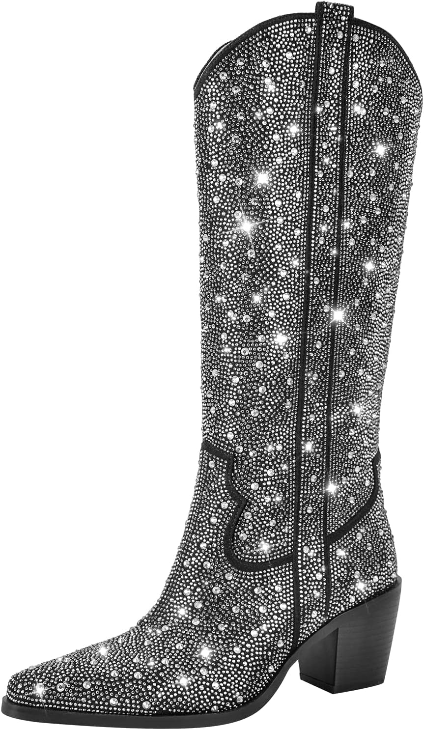 Richealnana Women's Rhinestones Slip On Block Chunky Heel Crystals Mid Calf Boots