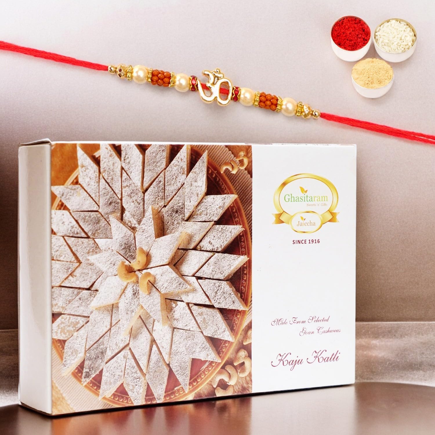 Ghasitaram Gifts Rakhi Gifts for Brother Rakhi Sweets - Ghasitarams Pure Kaju Katlis Box 200 GMS with Om Rakhi