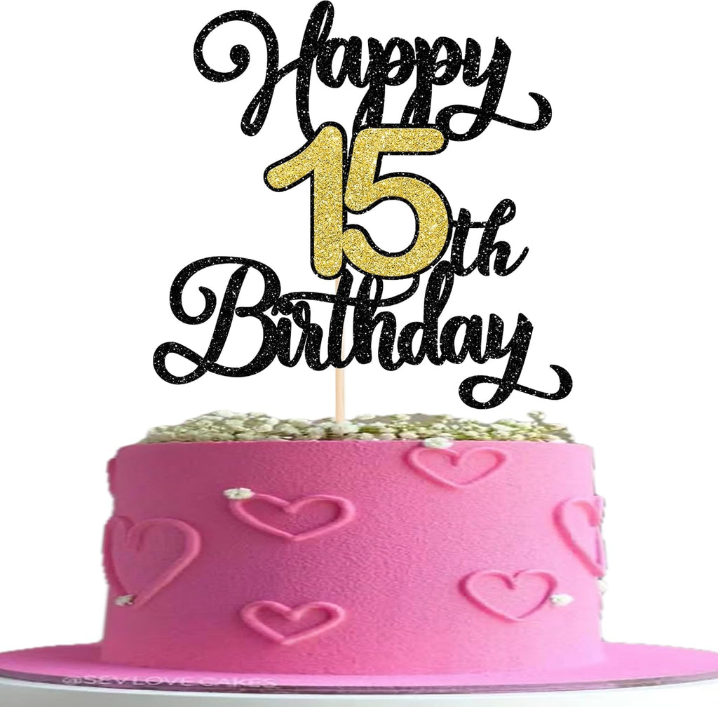Rsstarxi 1 Pack Happy 15th Birthday Cake Topper Black Gold Glitter Cheers to 15 Cheers to 15 Mis Quince Cake Pick Mis 15 Theme Cake Decorations for Fabulous Fifteen Birthday Party Cake Decorations