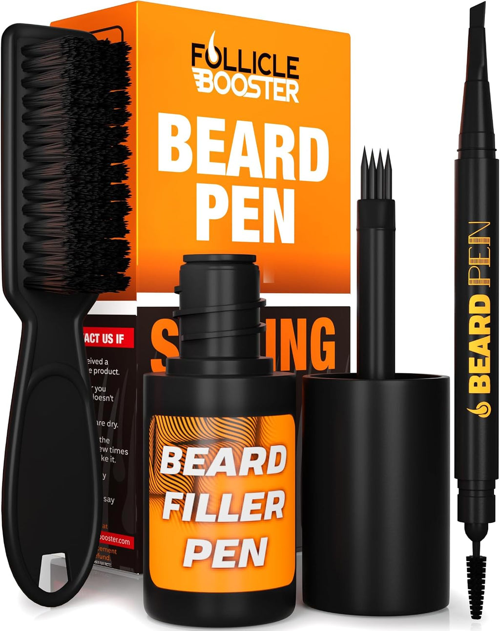 FOLLICLE BOOSTER Beard Pen Filler Styling Kit for Men - 3-in-1 Filling Set with 4-Tip Fork, Normal Pencil, and Brush - Waterproof, Sweatproof & All-Day Hold - Deep Dark Brown