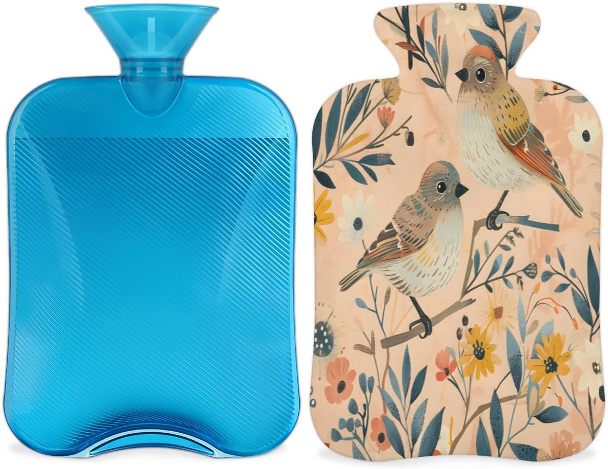 Birds Leaf Flower Hot Water Bottle with Cover 2L Large Hot Water Bag for Menstrual Cramps, Neck and Shoulder Pain Relief, Hot Cold Therapy, Hand Feet Warmer