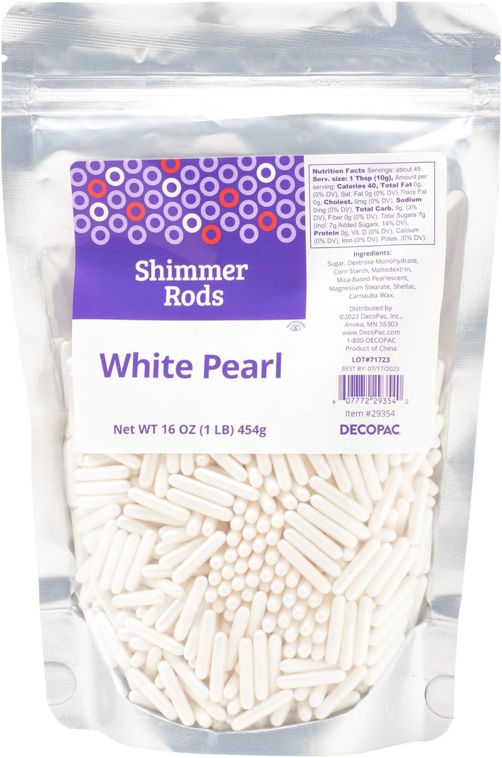 DecoPac Shimmer Rods, White Pearl Sugar Candy Decorations For Cakes, Toppings, and Cupcakes | Metallic | Extra Large Sprinkles | 1lb Pack