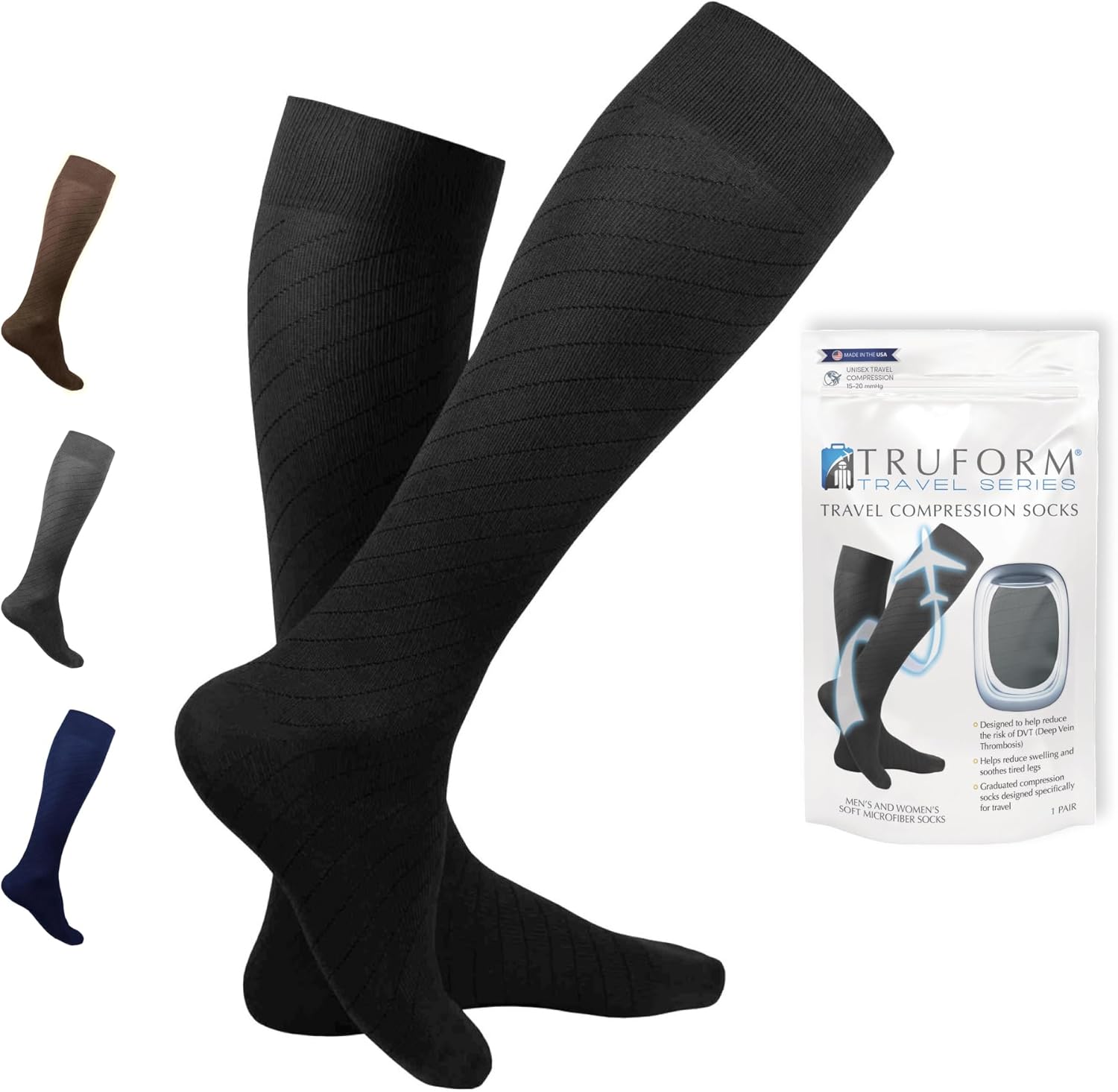 Truform Travel Compression Socks for Men and Women, 15-20 Knee High Over Calf Length, Black, X-Large