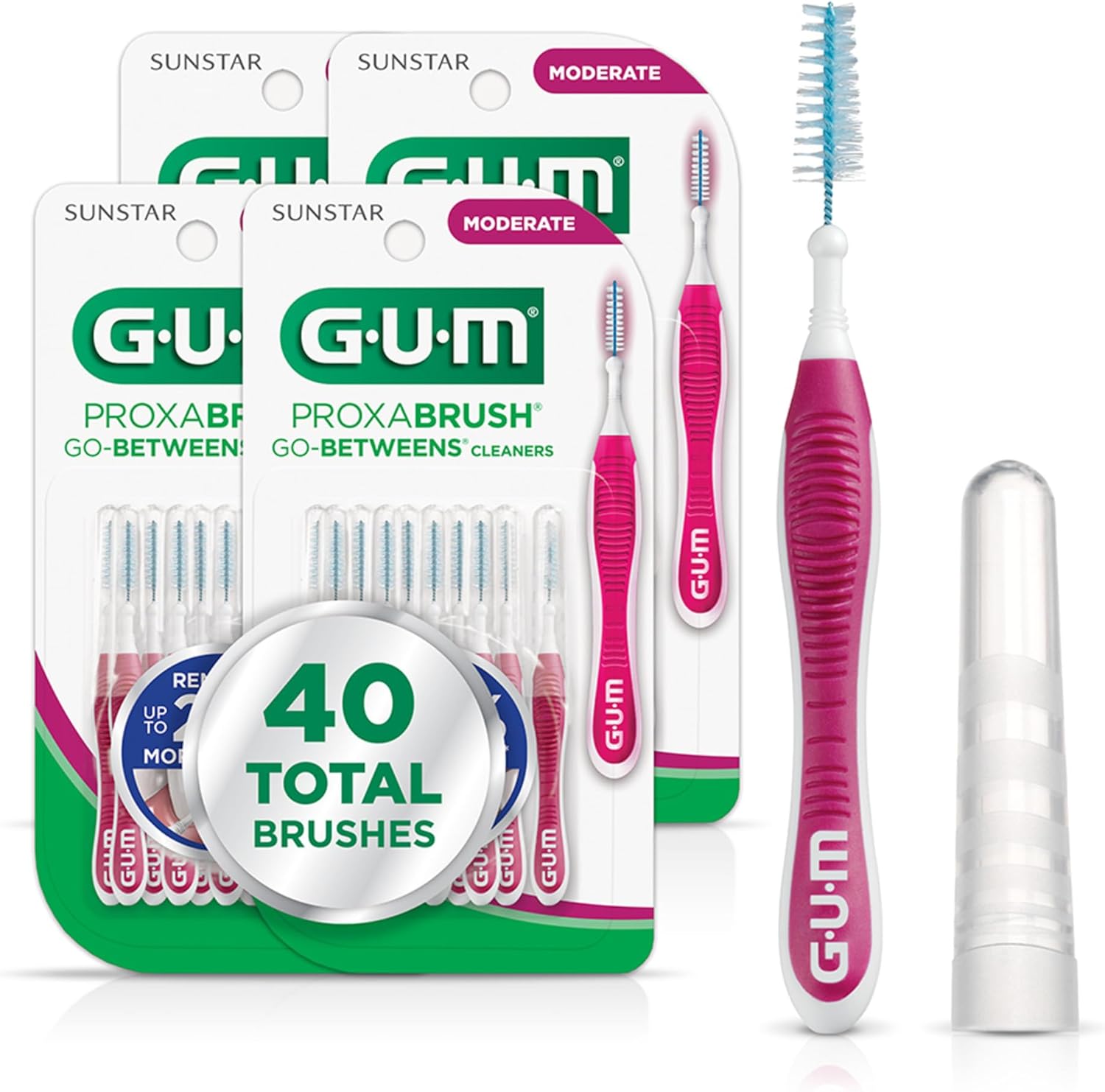 GUM Proxabrush Go-Betweens - Moderate - Interdental Brushes - Soft Bristled Dental Picks for Plaque Removal Health - Safe for Braces & Dental Devices, 10 Count (Pack of 4) 40 Total