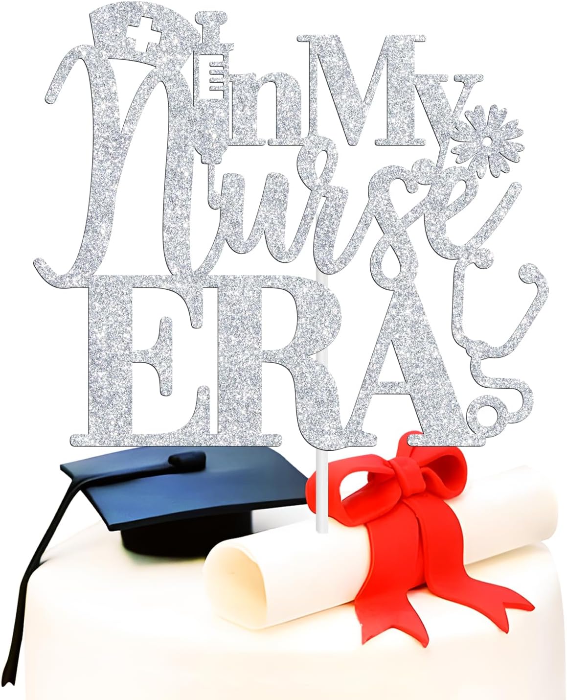 In My Nurse Era Cake Topper, Congrats LPN/BSN/RN/NP, Big Nurse Energy, 2026 Nursing School Survivor Graduation Party Decorations Supplies, Silver Glitter