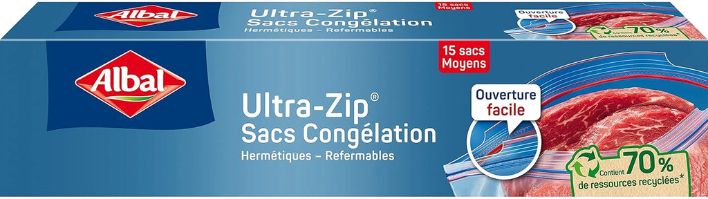 Albal - 15 Ultra Zip Freezer Bags - Medium Model 3L - Zip closure - Durable - 70% recycled resources