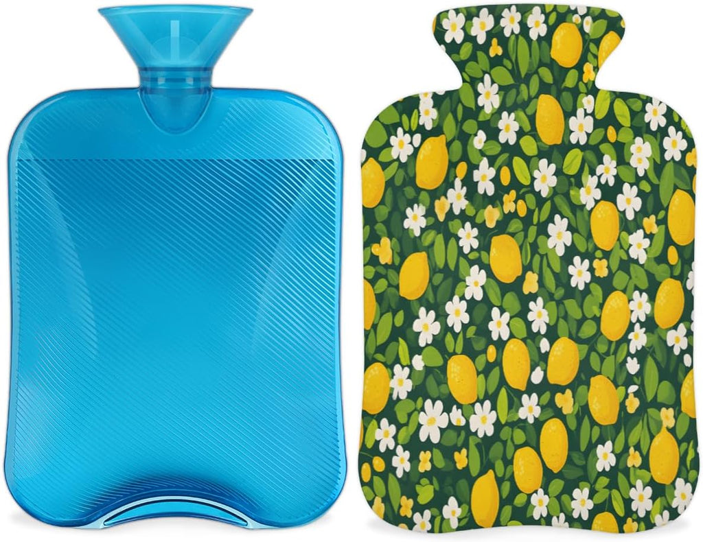 Lemon Flower Leaves Hot Water Bottle with Cover 2L Large Hot Water Bag for Menstrual Cramps, Neck and Shoulder Pain Relief, Hot Cold Therapy, Hand Feet Warmer