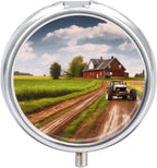Country Road with Farm and Tractor Pill Box,3 Compartments Round Small Pills Case Moisture-Proof Portable Pill Container for Travel Vitamins Fish Oil Supplements