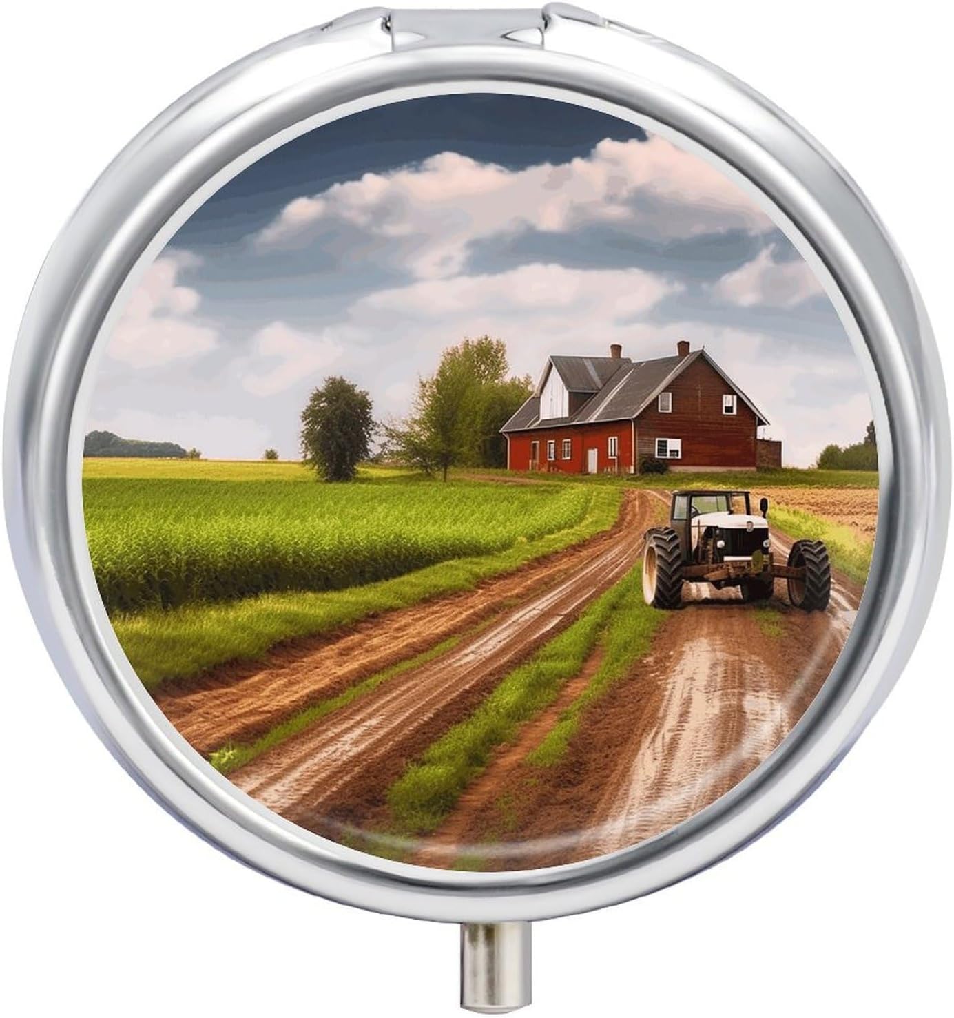 Country Road with Farm and Tractor Pill Box,3 Compartments Round Small Pills Case Moisture-Proof Portable Pill Container for Travel Vitamins Fish Oil Supplements