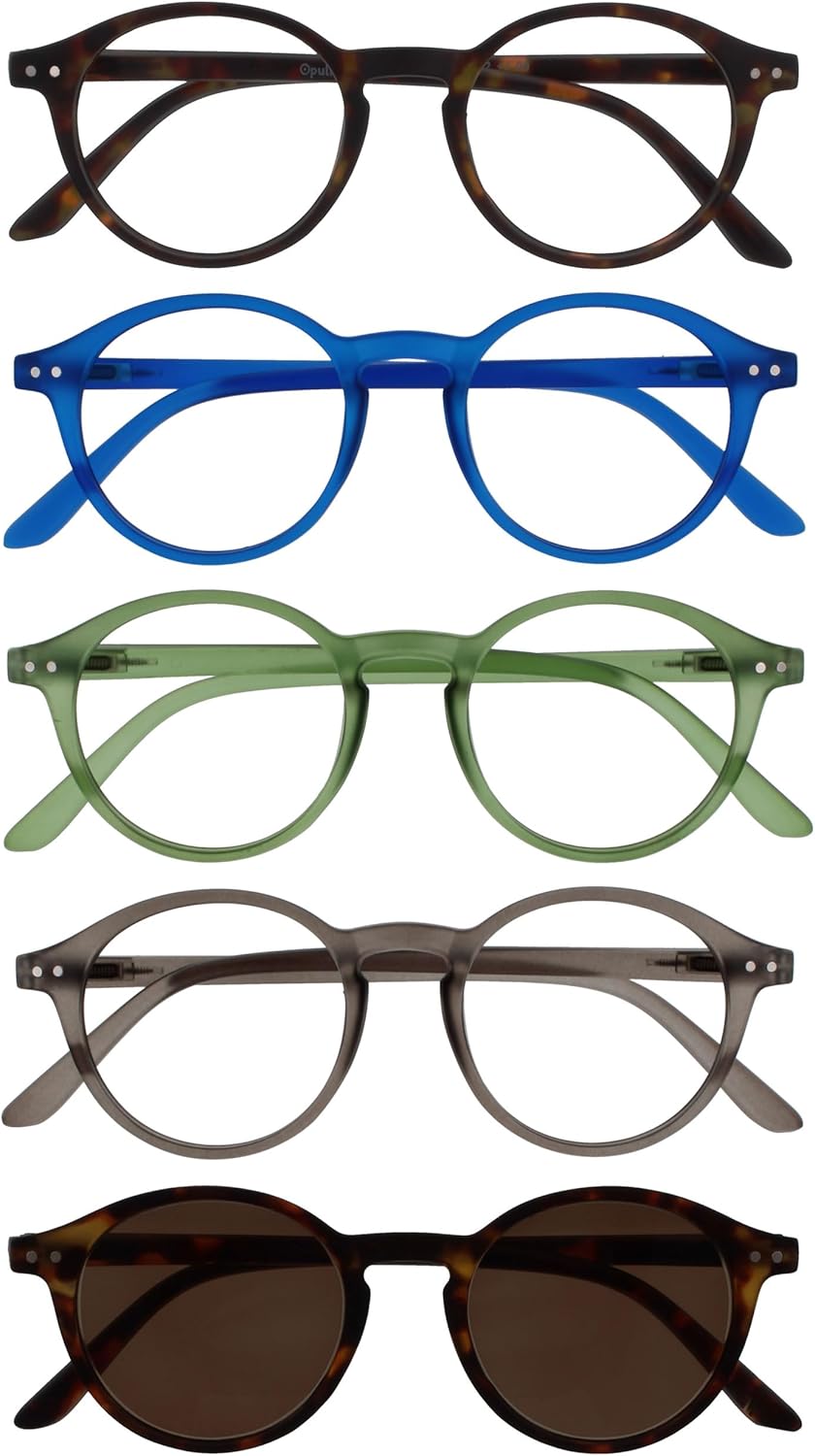 OPULIZE REY Reading Glasses and Reading SunGlasses for Women Men, Round Frame with Spring Hinges, Matte Brown, Blue, Green, Grey, Brown +2.50 (Pack of 5)
