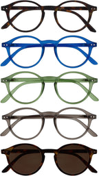 OPULIZE REY Reading Glasses and Reading SunGlasses for Women Men, Round Frame with Spring Hinges, Matte Brown, Blue, Green, Grey, Brown +2.00 (Pack of 5)