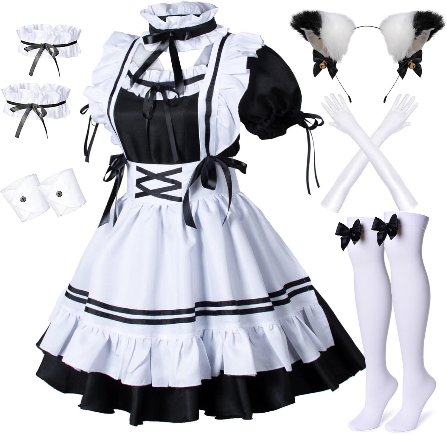 Wannsee Anime French Maid Apron Lolita Fancy Dress Cosplay Costume Furry Cat Ear Gloves Socks set(L)