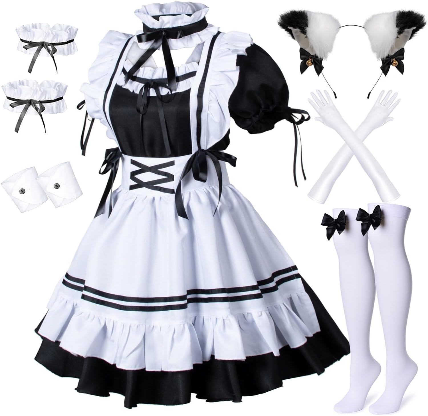 Wannsee Anime French Maid Apron Lolita Fancy Dress Cosplay Costume Furry Cat Ear Gloves Socks set(M)