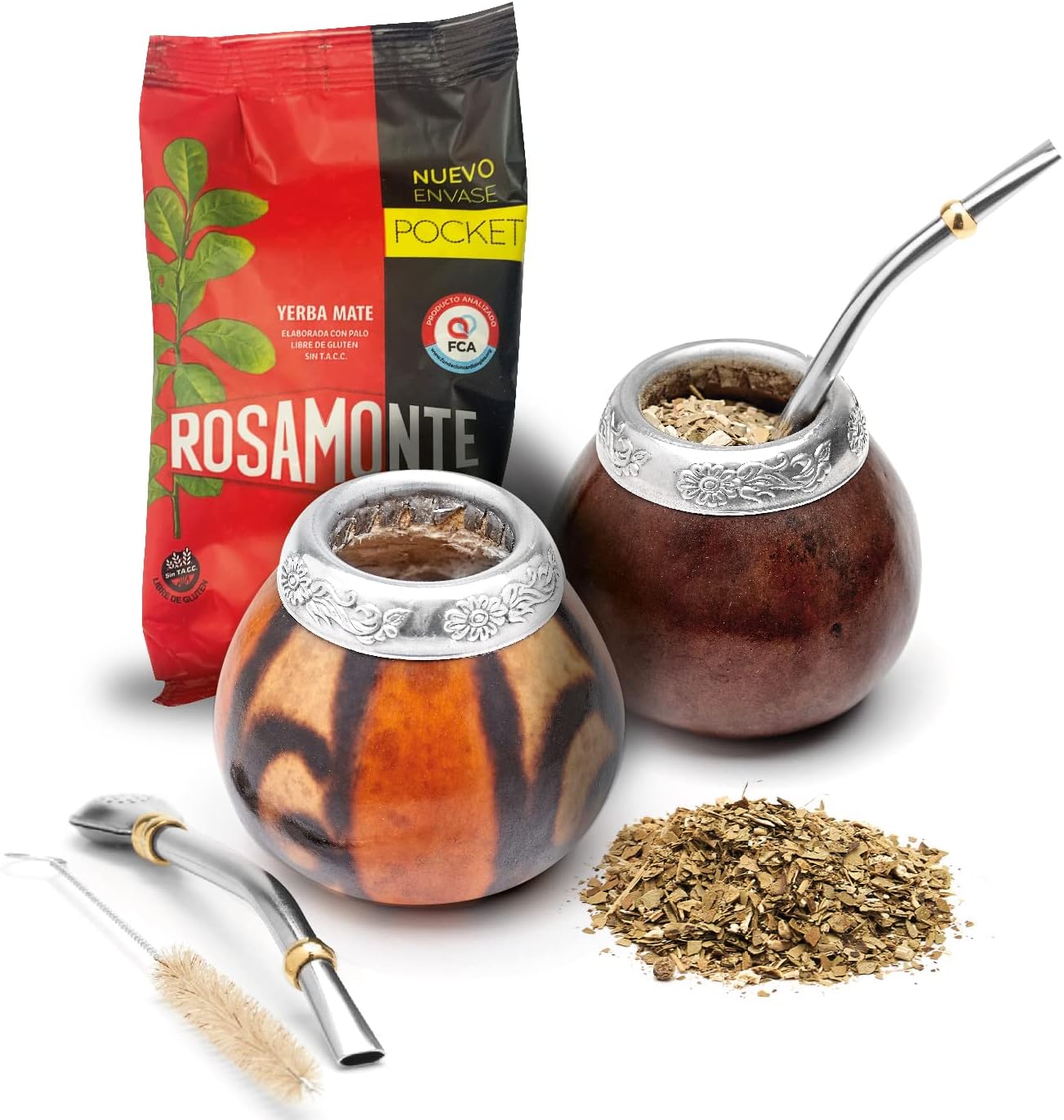 BALIBETOV Yerba Mate Set - 2 Gourds, 100gr Loose Leaf, 2 Bombilla, 1 Cleaning Brush - Dark Brown (MAT02)