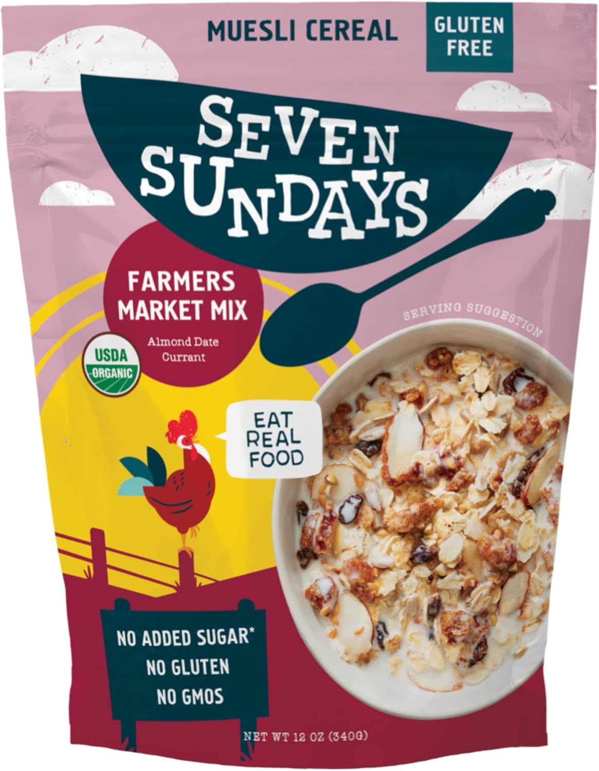 Seven Sundays Organic Muesli Cereal, Farmers Market Almond Date Currant, 12 Oz Bag, Gluten Free, 0g Added Sugar, Enjoy Warm, Cool or as Overnight Oats