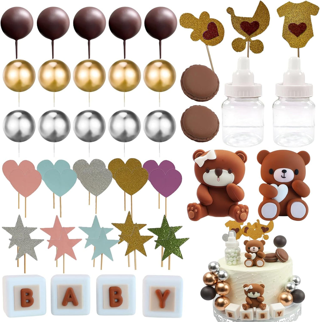 3D Bear Cake Topper, Boys Baby Cake Toppers 48 PCS Cupcake Decorations Birthday Party Balls Mini Bear Boho Mini Gender Reveal(Brown)