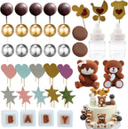 3D Bear Cake Topper, Boys Baby Cake Toppers 48 PCS Cupcake Decorations Birthday Party Balls Mini Bear Boho Mini Gender Reveal(Brown)