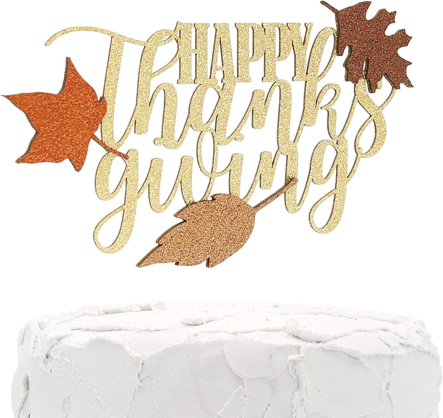 Cake Topper - HAPPY thanksgiving - Double Sided gold glitter with fall colors leaves - Premium quality Made in USA