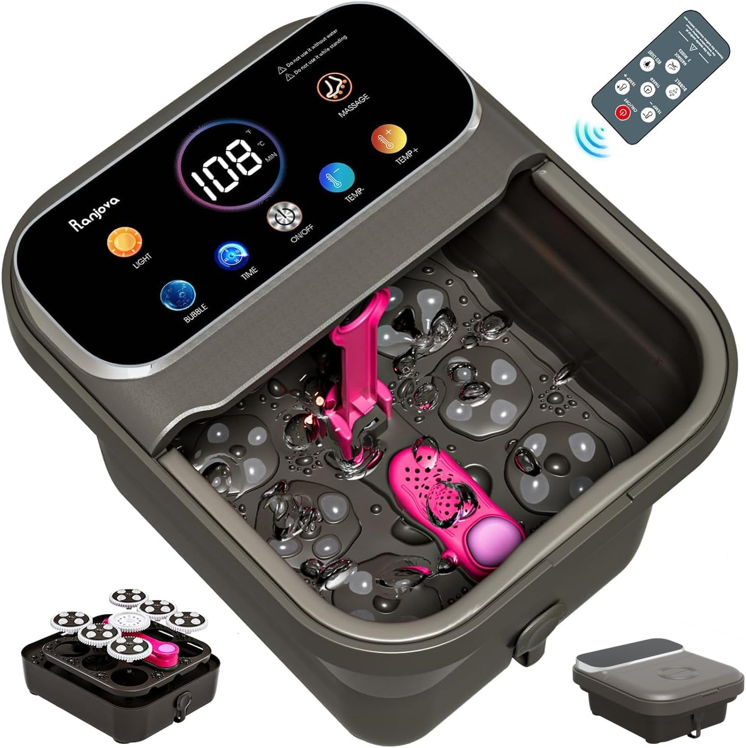 Foot Spa Electric Rotary Massage, with Touchscreen Pro Color Display, Collapsible Foot Bath with Heat, Bubble,Remote Control, Temp Control, and 24 Motorized Shiatsu Massage Balls (Dark Grey)