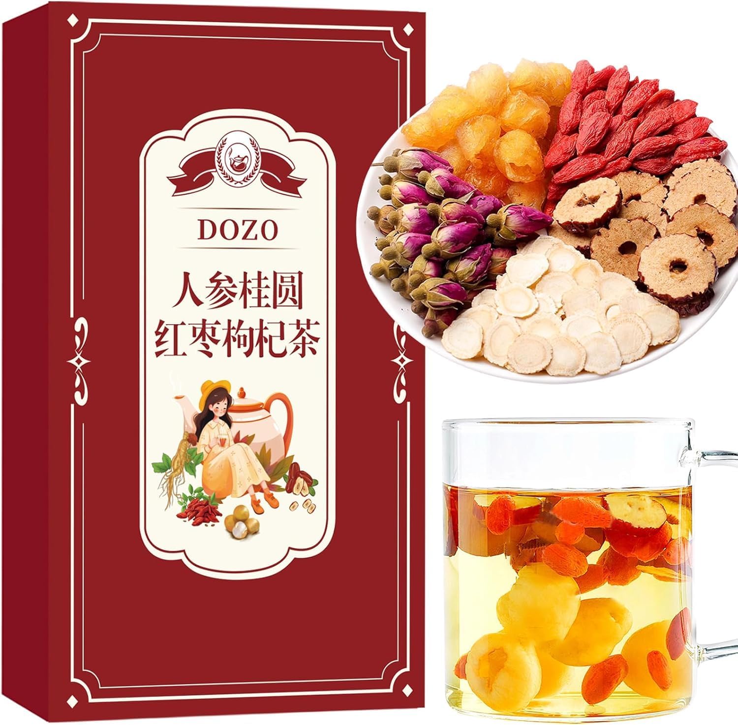 DOZO Ginseng Longan Red Jujube Tea Bag (20 Pack) Longan Goji Red Jujube Tea Women Replenish Qi Combination Herbal Tea 10.58oz/300g 人参桂圆红枣茶
