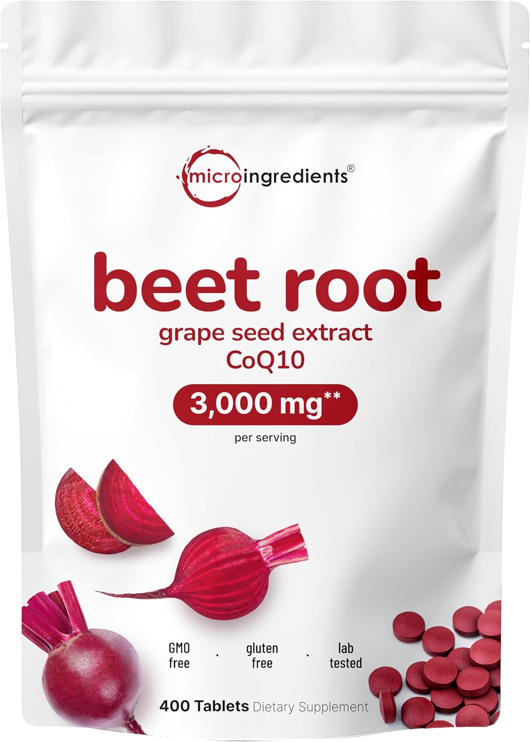 Micro Ingredients Beet Root 3,000mg with Grape Seed Extract & CoQ10, 400 Tablets | 200 Servings | Super Beets Supplements from Fresh Beetroot Extract