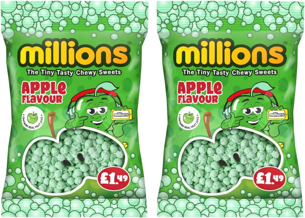 Millions Candy Assorted Flavors Pack 2 Pack, Strawberry, Vimto, Apple, Watermelon, Bubblegum, 110g (Apple)