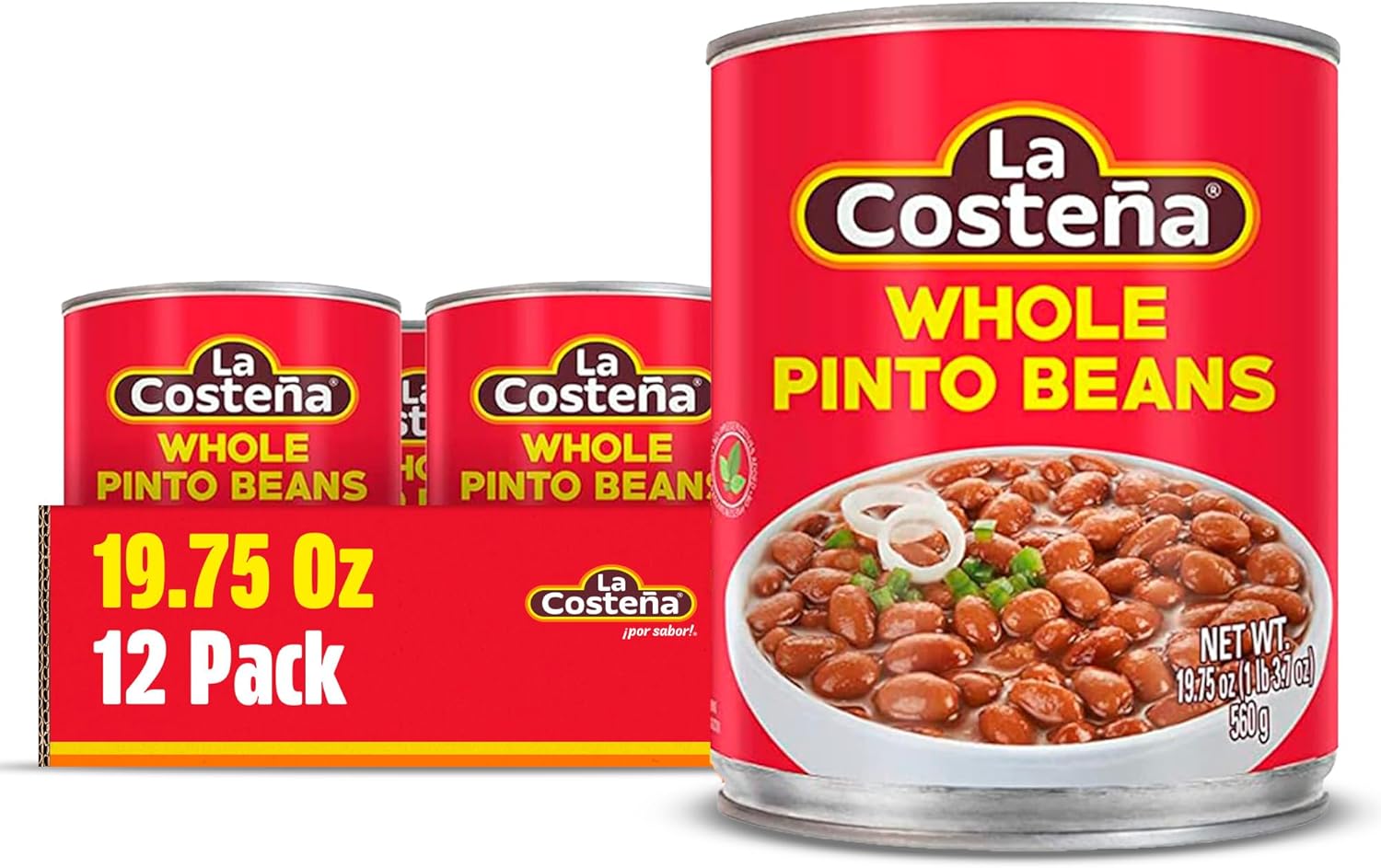 La Costeña Whole Pinto Beans - Ready-to-Eat Canned Pinto Beans for Mexican Food, Vegetarian Chili Ingredients, Bean Dip, Bean Burger, Burrito & Vegan Protein Salad - 19.75 oz, 12 Pack Canned Food